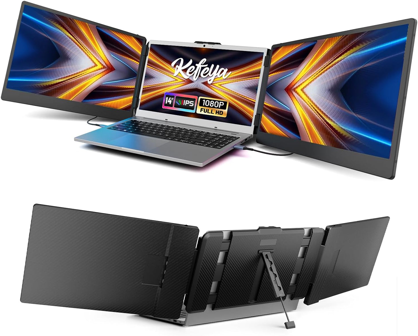 Monitoare portabile 14 inch, IPS 1080P Full HD, HDR,16:9, trei ecrane, pentru laptop, cu USB-C, functie Mirror si Extend, Plug & Play, cu stand ajustabil si difuzor incorporat, pentru Mac, Windows, Chrome, KEFEYA