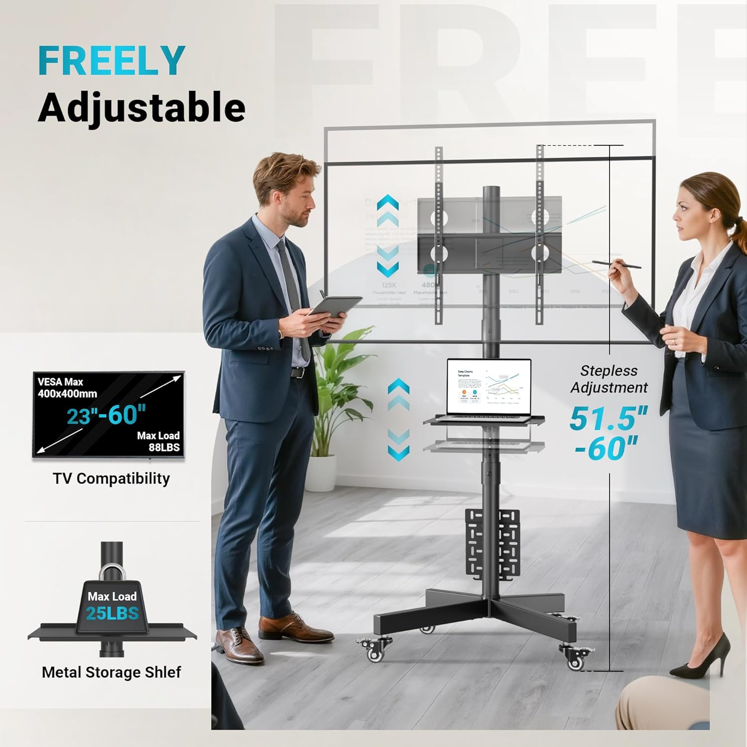 Suport TV mobil cu roti pentru televizoare de 23-55 inch, reglabil pe inaltime si inclinare +6°/-3°, compatibil VESA 400x400, cu raft pentru laptop/consola, pentru LED, LCD, OLED, Plasma, capacitate 40 kg, negru