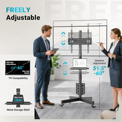 Suport TV mobil cu roti pentru televizoare de 23-55 inch, reglabil pe inaltime si inclinare +6°/-3°, compatibil VESA 400x400, cu raft pentru laptop/consola, pentru LED, LCD, OLED, Plasma, capacitate 40 kg, negru