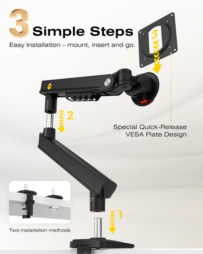 Suport monitor ergonomic brat articulat 17–32 inch – Arc mecanic reglabil, capacitate 9 kg, rotire 360°, inclinare +90°/-25°, ajustare inaltime, VESA 75x75 & 100x100, montare birou tip clema sau grommet, otel aliat, negru