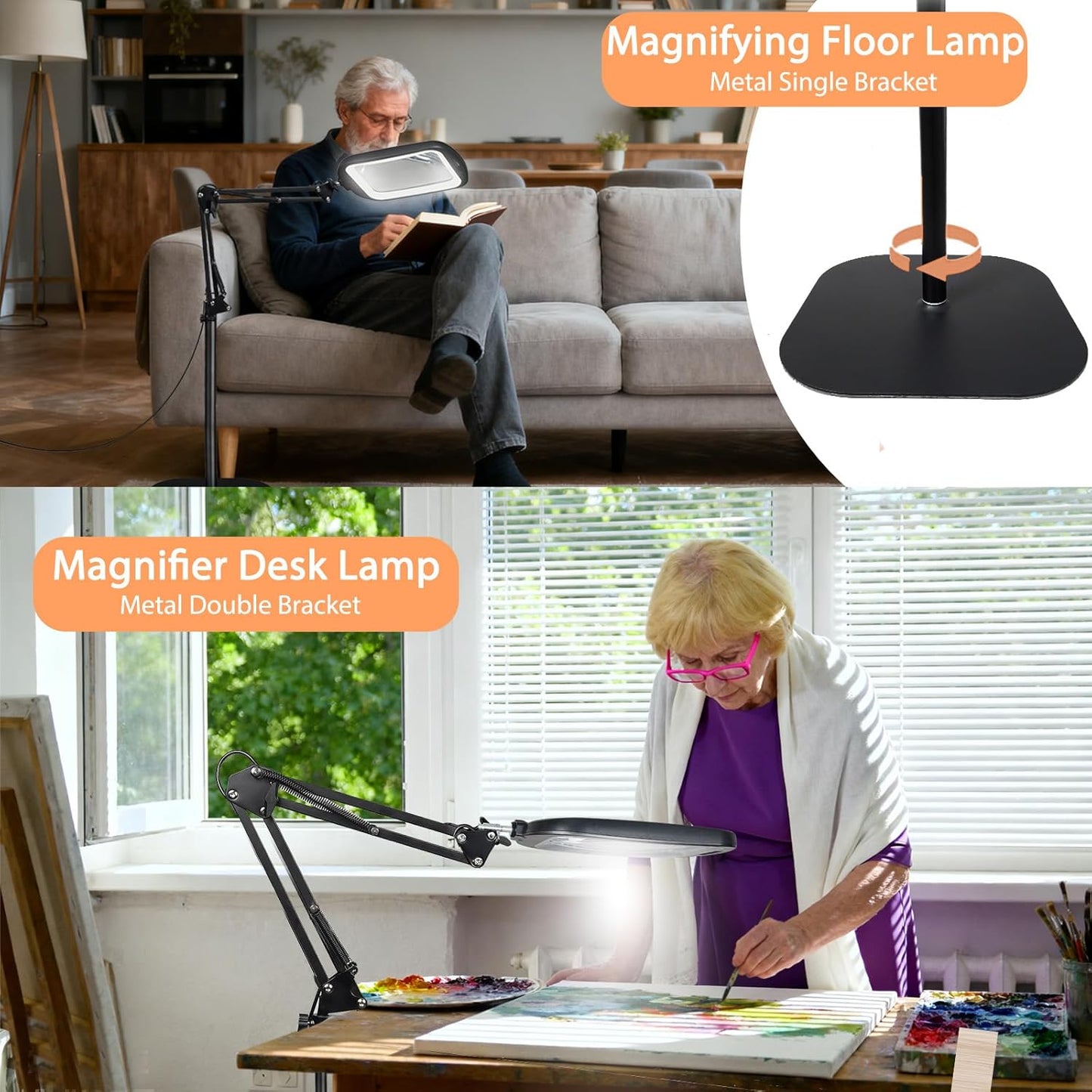 Lupa 2 in 1 cu lumina LED 10× si stativ, lampa de podea cu suport reglabil, 60 LED-uri, 5 temperaturi culoare, luminozitate reglabila, multifuncionala