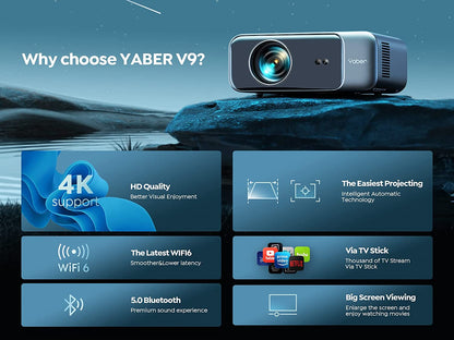 Videoproiector WiFi 6, Bluetooth, 15000 lumeni, 1080P Full HD, Auto Focus,  suporta 4K, auto Keystone, Home Cinema pentru martphone/TV Stick/PPT/PS5, Yaber Pro V9