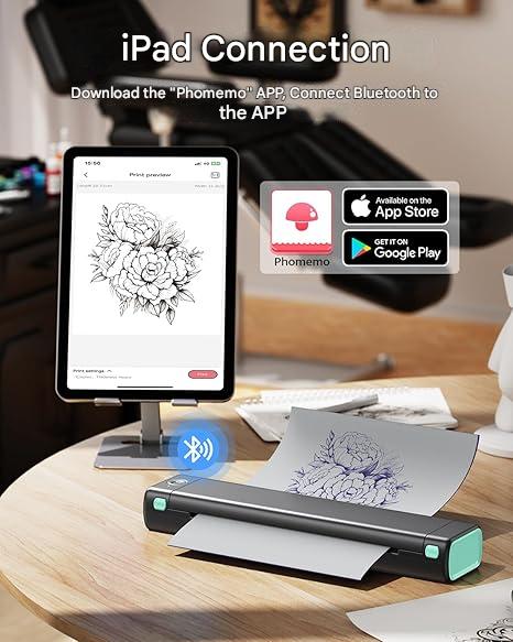 Imprimanta termica portabila pentru tatuaje, Bluetooth, USB, cu 10 hartii de transfer, acumulator 1200 mAh, printare termica directa, fara tus, conectare prin aplicatie, compatibila Android/iOS/Windows/MacOS/ChromeOS