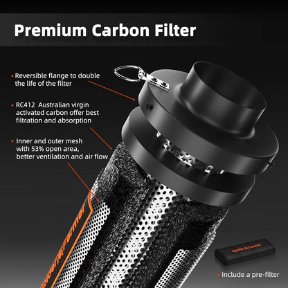 Kit ventilator evacuare aer 100 mm smart, WiFi, control aplicatie, 27 W, filtru de carbon RC412, 26,8 dB, cu control al temperaturii si umiditatii, pentru cort de crestere si agricultura verticala