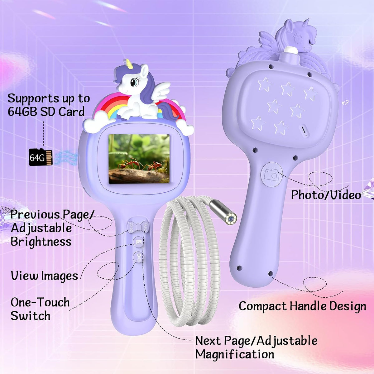 Camera endoscopica pentru copii 1080P cu ecran de 2.4 inch, LED reglabil, IP67 impermeabila, cablu flexibil 1m, zoom 3X, USB-C, jucarie STEM educativa pentru explorare natura, violet