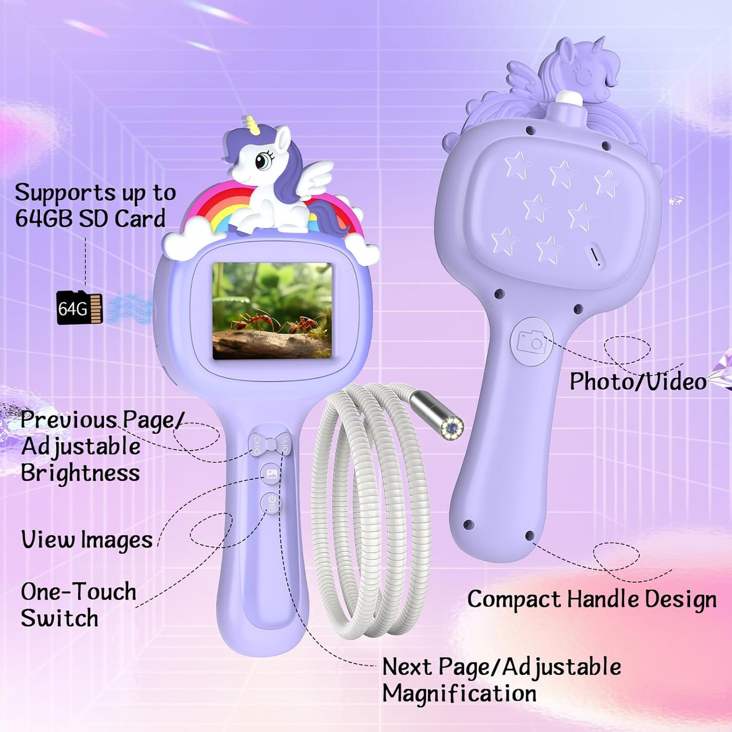 Camera endoscopica pentru copii 1080P cu ecran de 2.4 inch, LED reglabil, IP67 impermeabila, cablu flexibil 1m, zoom 3X, USB-C, jucarie STEM educativa pentru explorare natura, violet