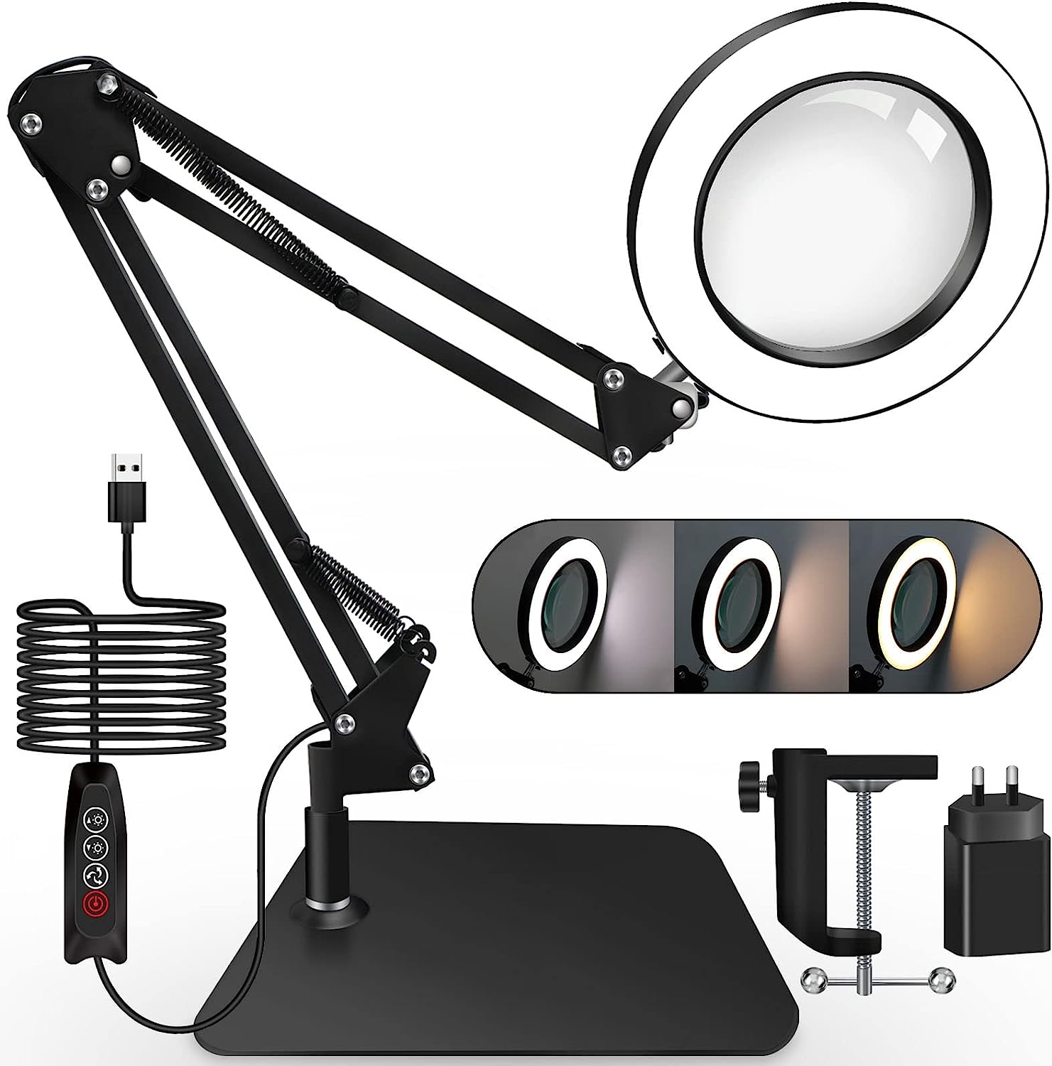 Lampa cosmetica LED cu brat si lupa, marire 5-8X, 2 in 1 cu baza si clema, 3 moduri iluminare, pentru machiaj, manichiura, tatuaje