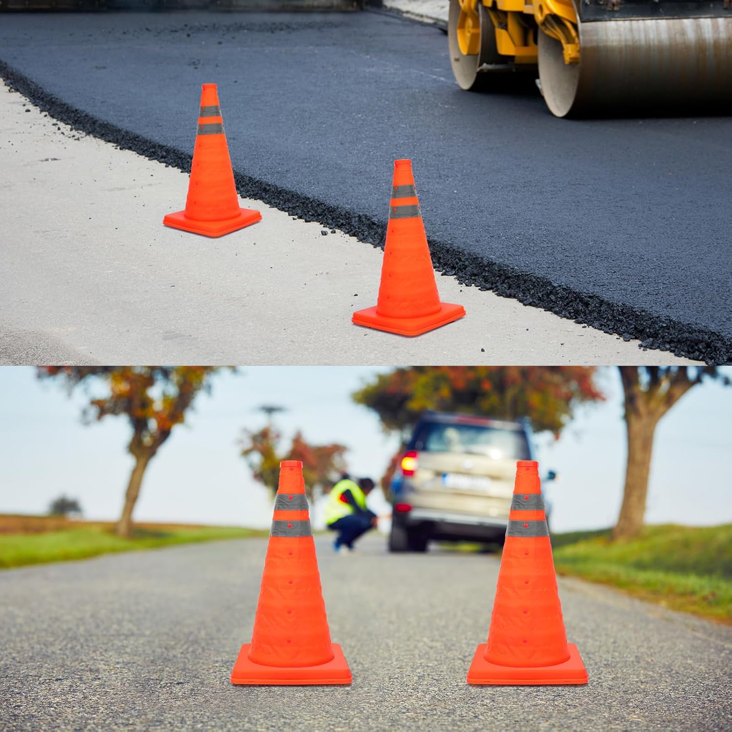 Set 4 conuri de siguranta pliabile, reflectorizante, 45 cm, portocaliu, pentru semnalizarea si controlul traficului rutier, parcari si santiere