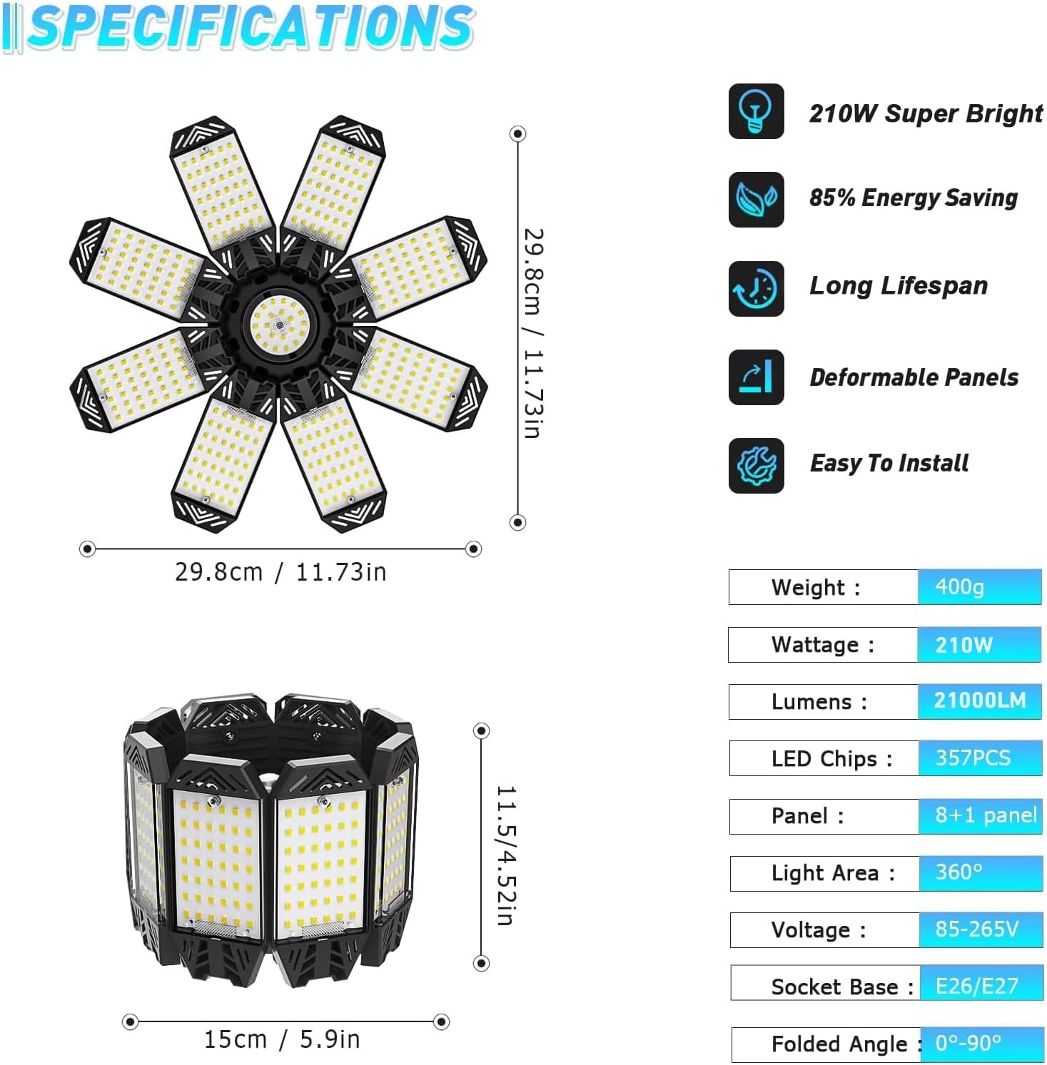 Lampa LED 210W, 21000lm, 6500K, 8+1 panouri reglabile 360°, dulie E27/E26, iluminare super puternica pentru atelier, depozit sau subsol, clasa energetica F