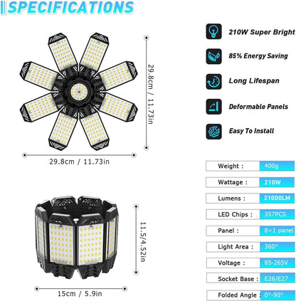 Lampa LED 210W, 21000lm, 6500K, 8+1 panouri reglabile 360°, dulie E27/E26, iluminare super puternica pentru atelier, depozit sau subsol, clasa energetica F