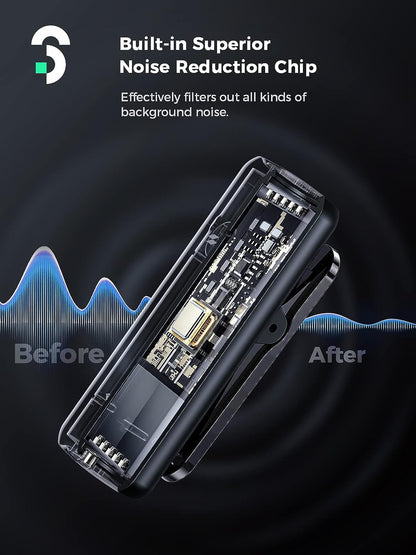 Set microfon lavaliera wireless pentru iPhone cu carcasa de incarcare, transmitator si receptor, plug and play, functie reducere zgomot, Soomfon SF-MP005
