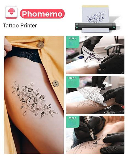 Imprimanta termica portabila pentru tatuaje, Bluetooth, USB, cu 10 hartii de transfer, acumulator 1200 mAh, printare termica directa, fara tus, conectare prin aplicatie, compatibila Android/iOS/Windows/MacOS/ChromeOS