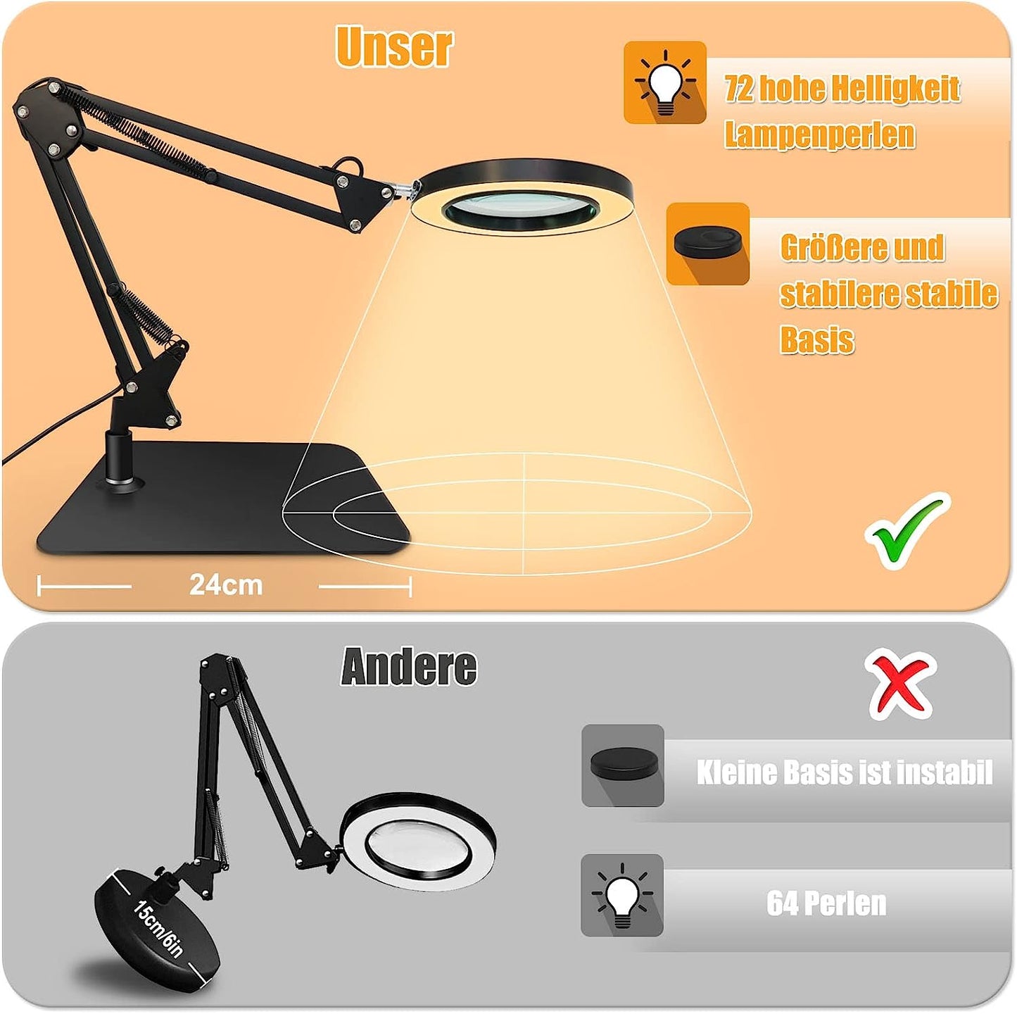 Lampa cosmetica LED cu brat si lupa, marire 5-8X, 2 in 1 cu baza si clema, 3 moduri iluminare, pentru machiaj, manichiura, tatuaje