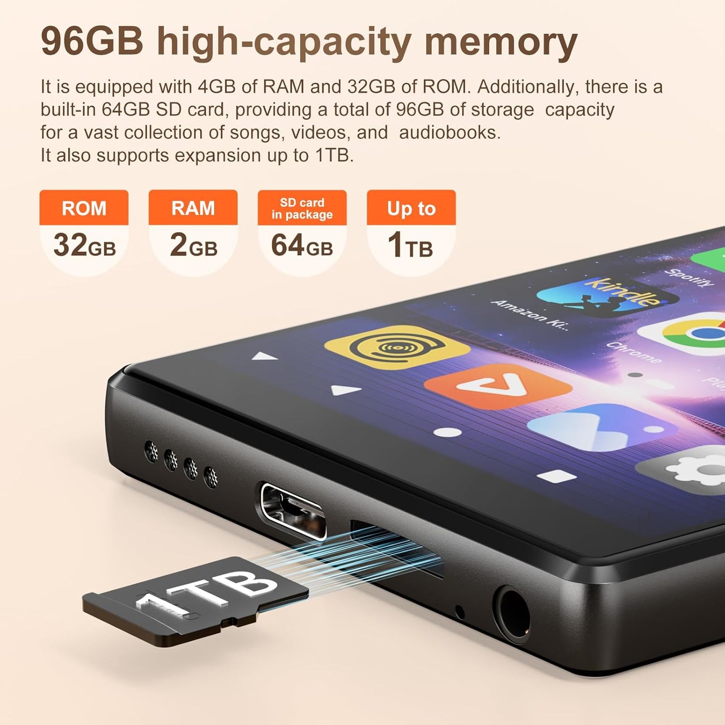 Player MP3/MP4 SWOFY D26, 96GB (32GB + 64GB SD), Android 13, WiFi & Bluetooth 5.0, ecran tactil HD 5”, Spotify/Amazon Music, Radio FM, autonomie 60h, control parental, negru