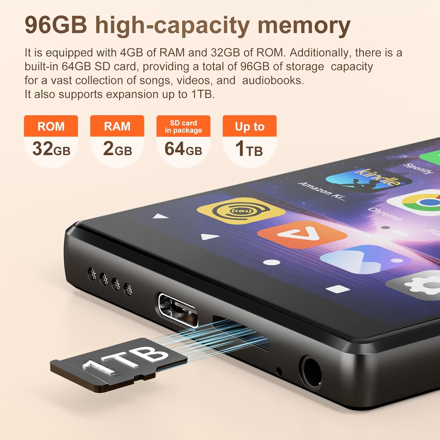 Player MP3/MP4 SWOFY D26, 96GB (32GB + 64GB SD), Android 13, WiFi & Bluetooth 5.0, ecran tactil HD 5”, Spotify/Amazon Music, Radio FM, autonomie 60h, control parental, negru