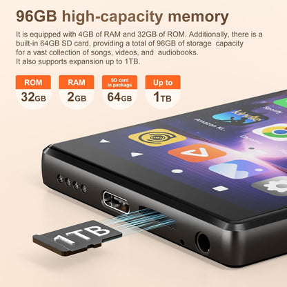 Player MP3/MP4 SWOFY D26, 96GB (32GB + 64GB SD), Android 13, WiFi & Bluetooth 5.0, ecran tactil HD 5”, Spotify/Amazon Music, Radio FM, autonomie 60h, control parental, negru