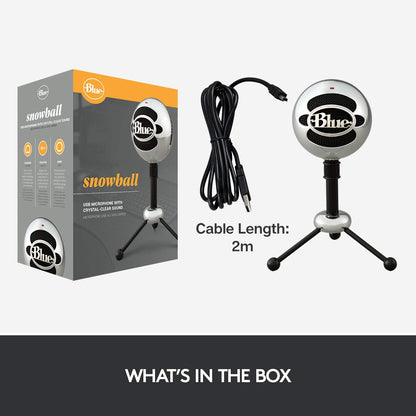 Microfon USB Blue Snowball, condensator cu 2 capsule, modele polare cardioid si omnidirectional, Plug & Play, pentru streaming, podcast, gaming, YouTube si conferinte, compatibil PC si Mac, argintiu