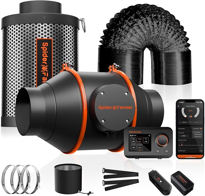Kit ventilator evacuare aer 100 mm smart, WiFi, control aplicatie, 27 W, filtru de carbon RC412, 26,8 dB, cu control al temperaturii si umiditatii, pentru cort de crestere si agricultura verticala