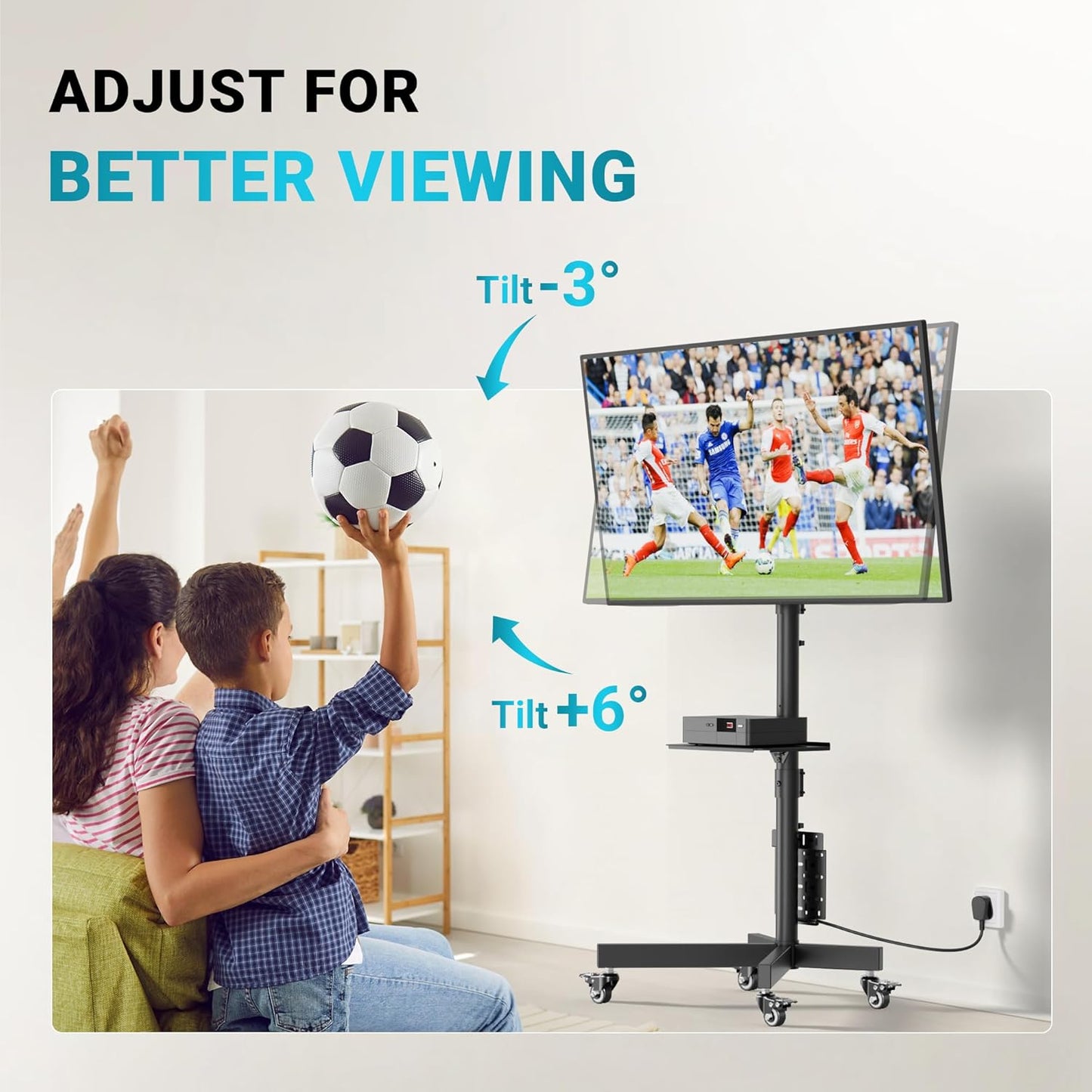 Suport TV mobil cu roti pentru televizoare de 23-55 inch, reglabil pe inaltime si inclinare +6°/-3°, compatibil VESA 400x400, cu raft pentru laptop/consola, pentru LED, LCD, OLED, Plasma, capacitate 40 kg, negru