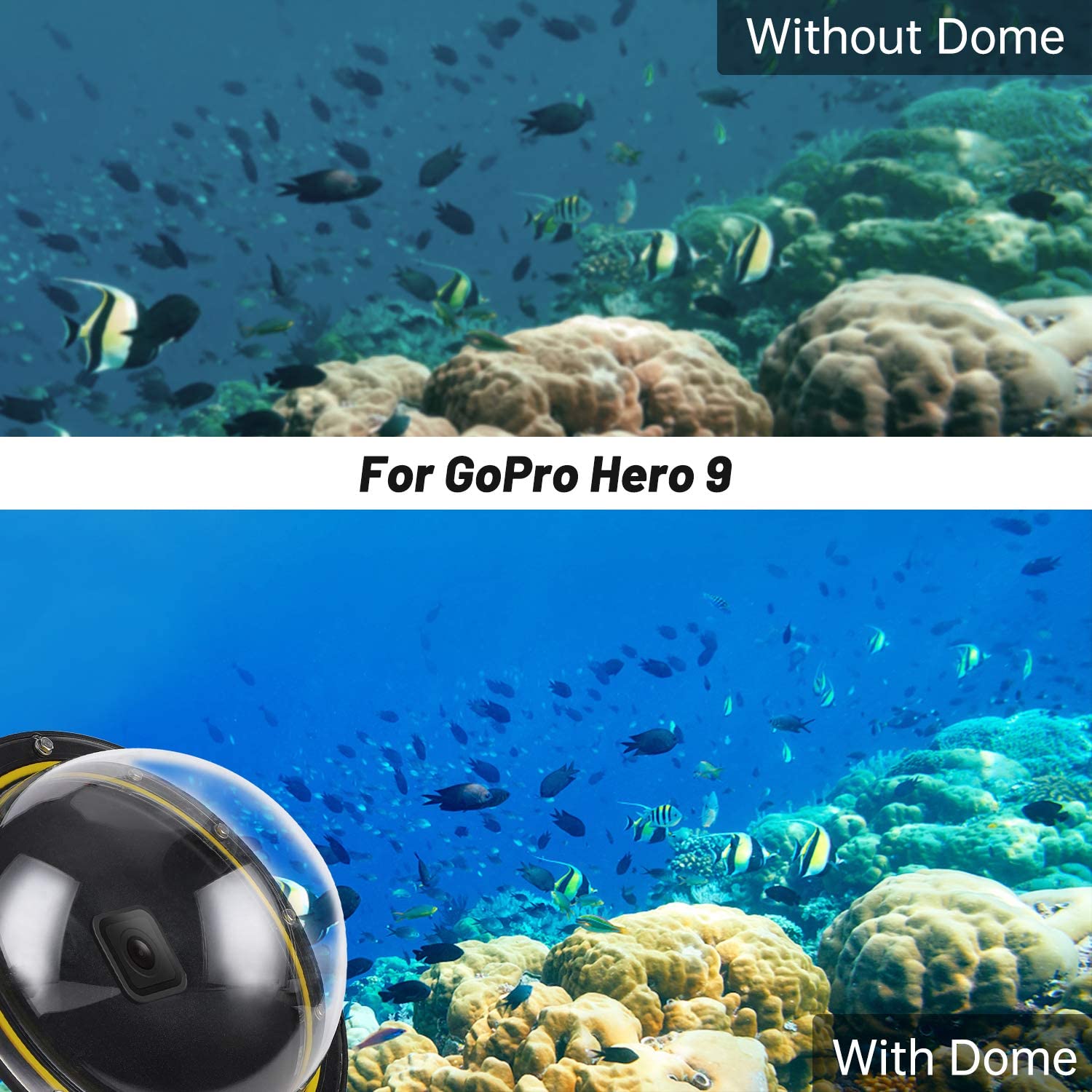 Carcasa tip dome compatibil cu GoPro Hero 9 Black, impermeabila, pentru sport acvatic, scufundari, snorkeling, cu unghi larg de actiune