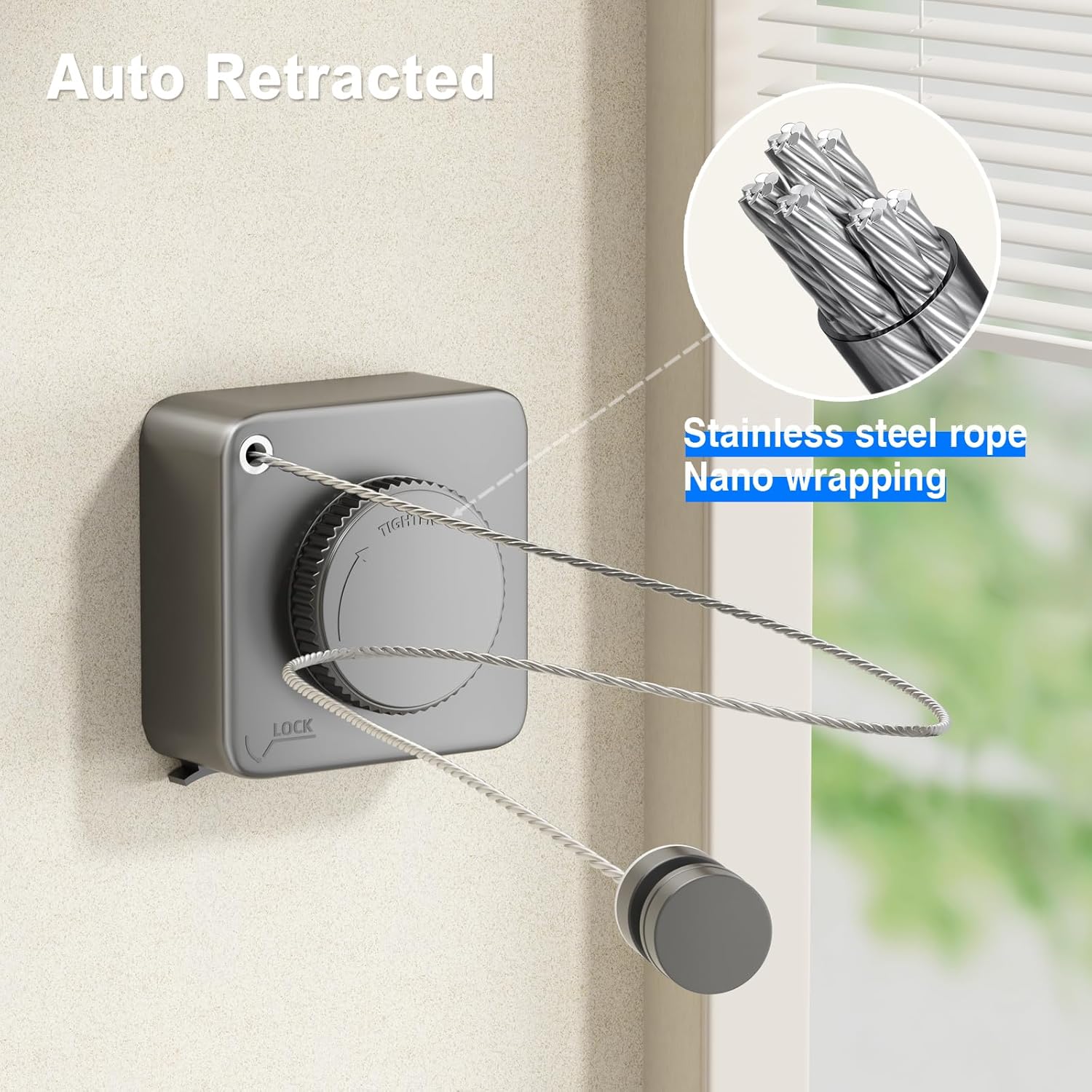Sarma retractabila uscare rufe KD Home® FlexiCord 4.5m otel, suport 20kg, sistem tensionare reglabil, montaj cu suruburi sau adeziv, pentru interior, baie si balcon, gri, economisire spatiu