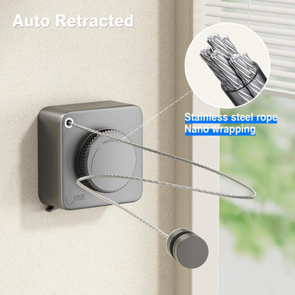 Sarma retractabila uscare rufe KD Home® FlexiCord 4.5m otel, suport 20kg, sistem tensionare reglabil, montaj cu suruburi sau adeziv, pentru interior, baie si balcon, gri, economisire spatiu