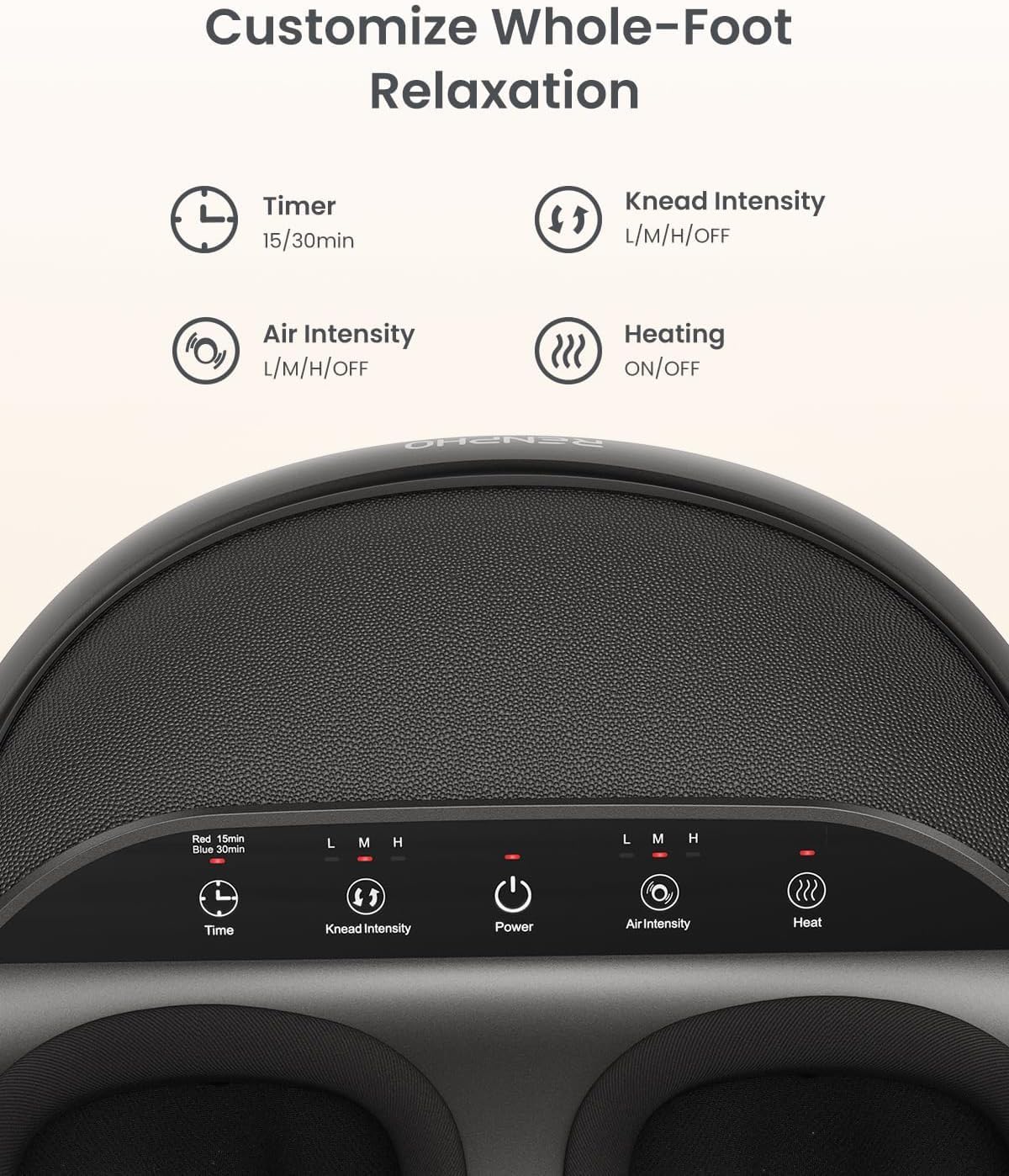 Aparat de masaj pentru picioare RENPHO, Shiatsu cu role, compresie cu aer, incalzire infrarosu, 3 niveluri intensitate masaj si presiune, design ergonomic, husa detasabila si lavabila, potrivit pana la marimea 46, pentru relaxare