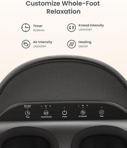 Aparat de masaj pentru picioare RENPHO, Shiatsu cu role, compresie cu aer, incalzire infrarosu, 3 niveluri intensitate masaj si presiune, design ergonomic, husa detasabila si lavabila, potrivit pana la marimea 46, pentru relaxare