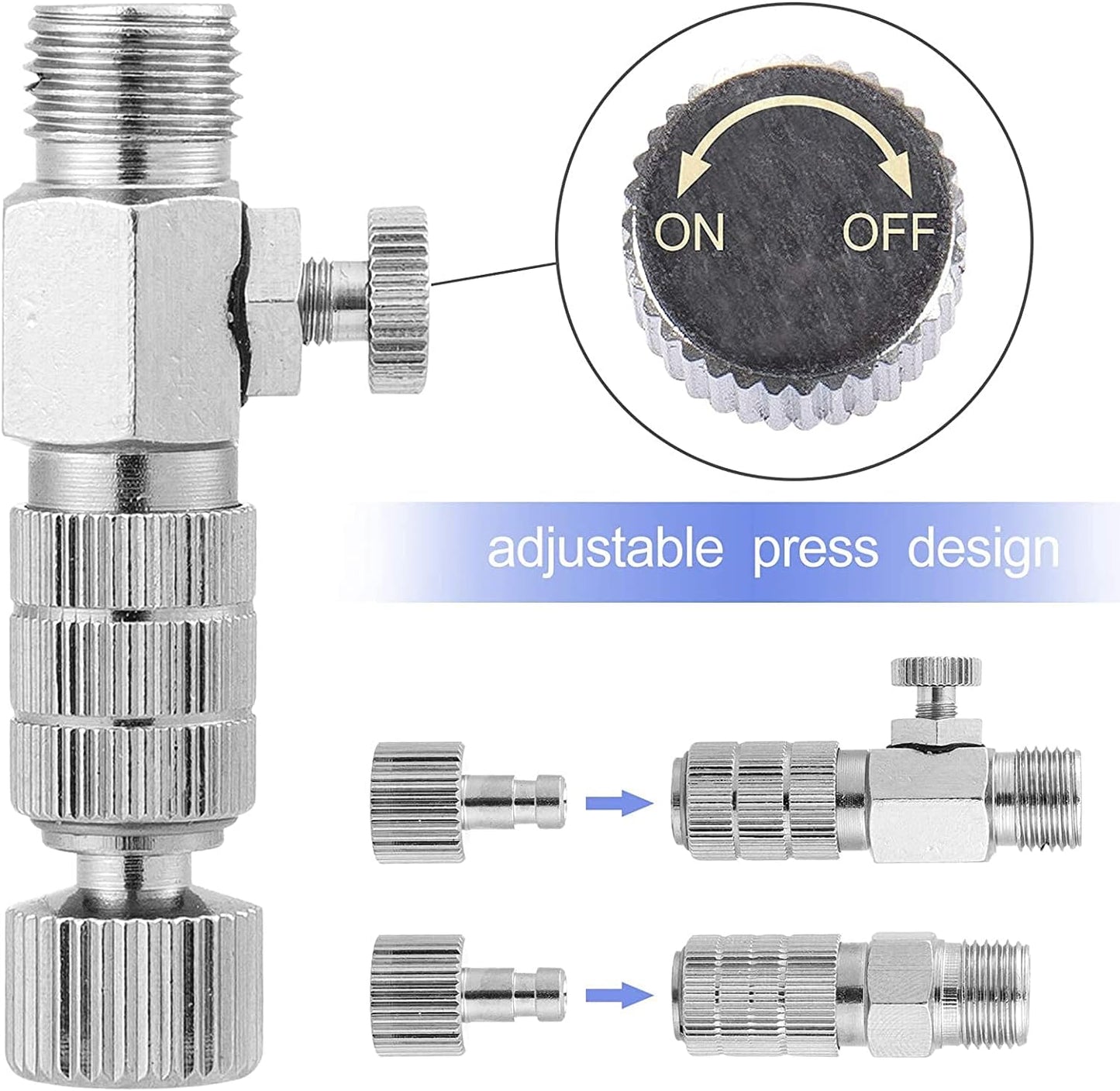 Set conectori cupla rapida aer, pentru aerograf, 14 piese, 1 x adaptor cuplare rapida cu robinet, 7 tipuri conectori BSP 1/4 inch, 1/8 inch si M5, cu banda de teflon, pentru compresor si furtun airbrush