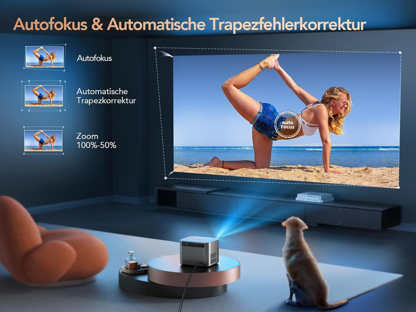 Videoproiector TOPTRO X7 600 ANSI Lumeni cu Focalizare automata/Correctie trapezoidala, Full HD 1080P WiFi6 Bluetooth 4K Suport LED Afisaj de 300 inchi, Home Cinema Android 9.0