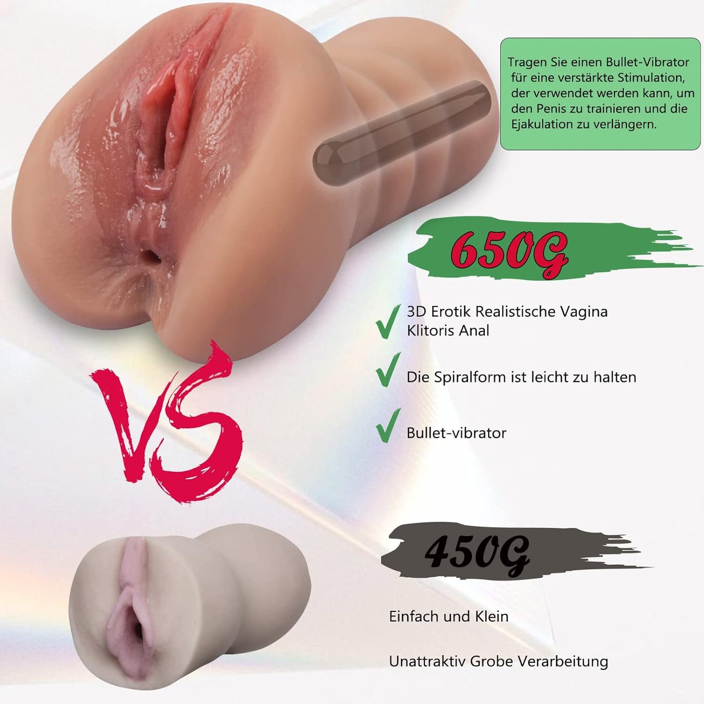 Masturbator realist 2 in 1 tip vagin si anus, cu vibrator, 10 trepte vibratii,  jucarie sexuala pentru barbati