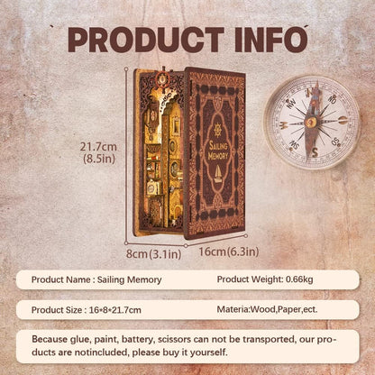 Puzzle 3D Cotor de carte DIY, Cu lumina LED, Stil retro, Suport carti Book Nook Sailing Memory, Cutefun BK02