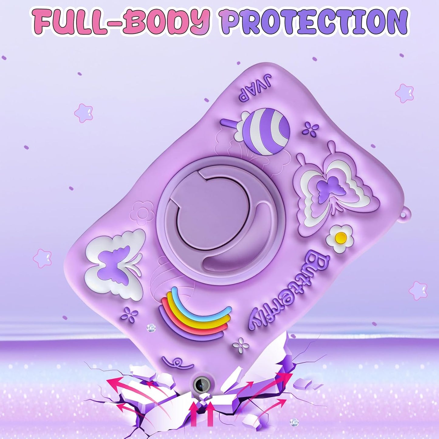 Husa compatibila Samsung Galaxy Tab A9 Plus 11 inch 2023, (SM-X210/X216/X218), cu protectie ecran. suport tip stand rotativ la 360°, curea de umar, din silicon, model fluture, mov
