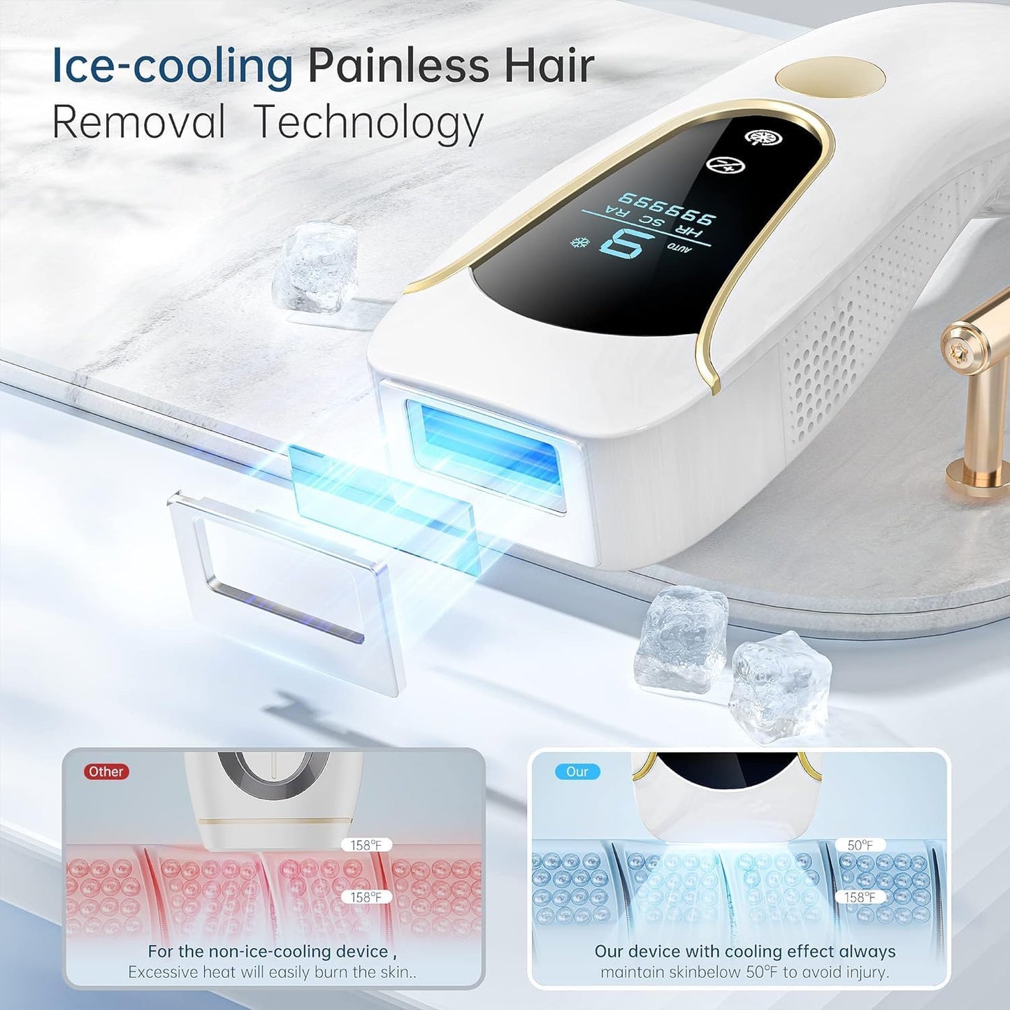 Epilator IPL cu functie de racire dubla, 999.900 de impulsuri luminoase, 3 functii avansate HR, SC, RA, display LED, touchscreen, mod manual si automat cu 9 niveluri de intensitate, pentru corp, fata, axila, inghinal, AMINZER