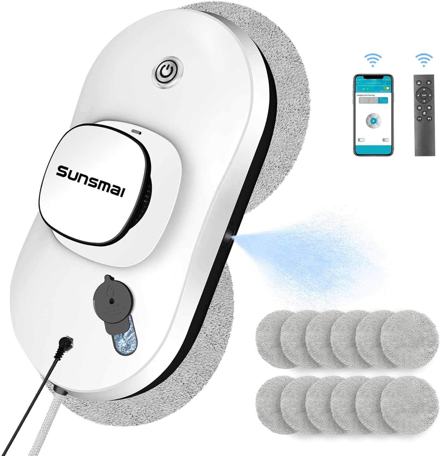 Robot curatare geamuri cu pulverizator, cu telecomanda si control prin aplicatie, 6 lavete de rezerva, putere suctiune 2500 Pa, UPS incorporat, cablu de 4 m, cu fir de siguranta, alb