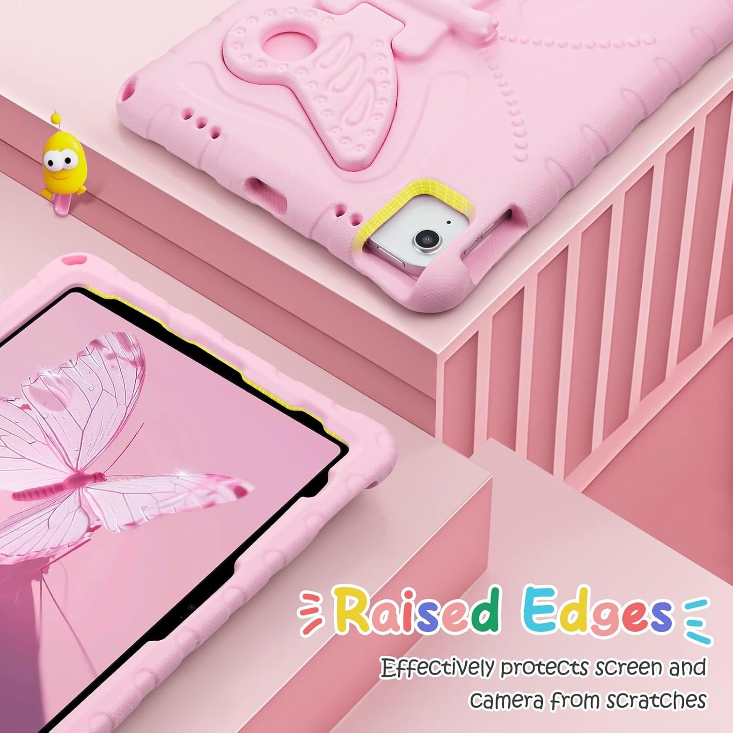 Husa pentru iPad 11" (A16/A10) – Protectie socuri, suport fluture si curea de umar, roz, pentru copii si adolescenti