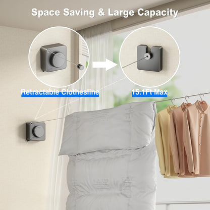 Sarma retractabila uscare rufe KD Home® FlexiCord 4.5m otel, suport 20kg, sistem tensionare reglabil, montaj cu suruburi sau adeziv, pentru interior, baie si balcon, gri, economisire spatiu
