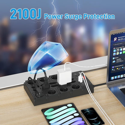 Priza multipla Beva, protectie supratensiune si intrerupator, 18 prize cu USB-C si USB-A, prelungitor 4 m, 3680W/16A, ideal pentru birou si acasa