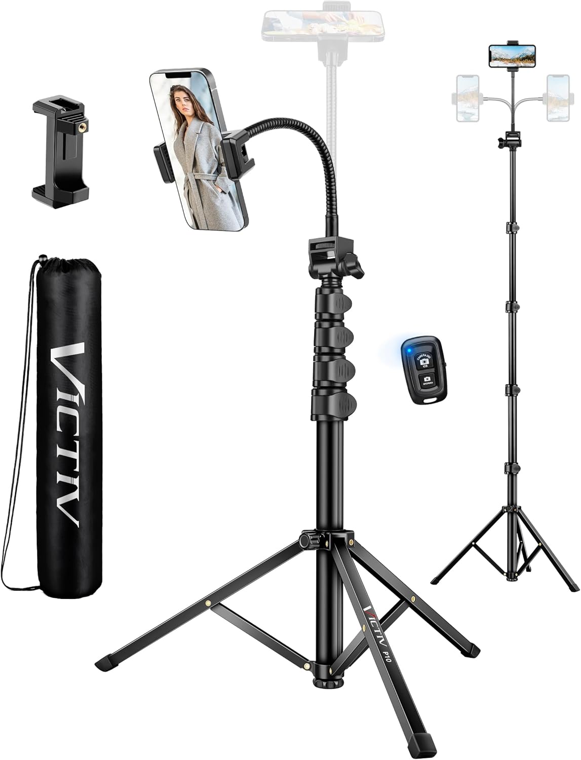 Trepied pentru telefon mobil si camera DSLR, inaltime 197 cm, trepied flexibil cu gat de lebada reglabil 25 cm, aluminiu robust, cap inclinabil 180°, telecomanda Bluetooth pentru selfie si filmari, suport pentru Vlogging, fotografie, streaming si YouTube