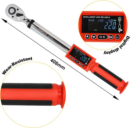 Cheie dinamometrica digitala Hairich 1/2" 11-220N.m precizie ±2% cu indicator LED, semnal sonor si functie de memorie - Set electronic de cuplu pentru masina, motocicleta si camion