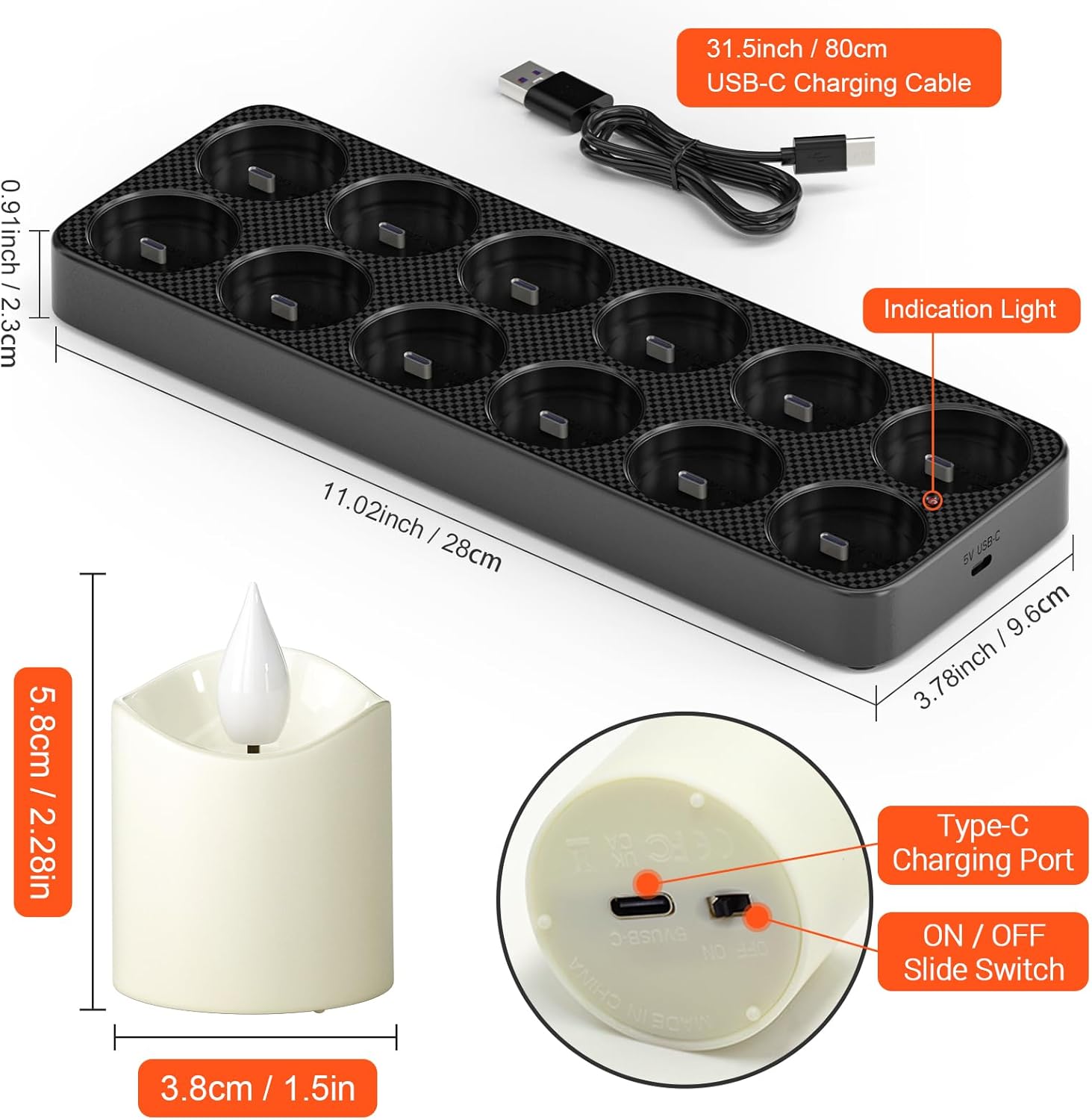 Set 12 lumanari LED reincarcabile cu statie de incarcare si telecomanda, efect de flacara, temporizator, 4 moduri luminare, 5 niveluri luminozitate, pentru Halloween, Craciun, nunta, petrecere