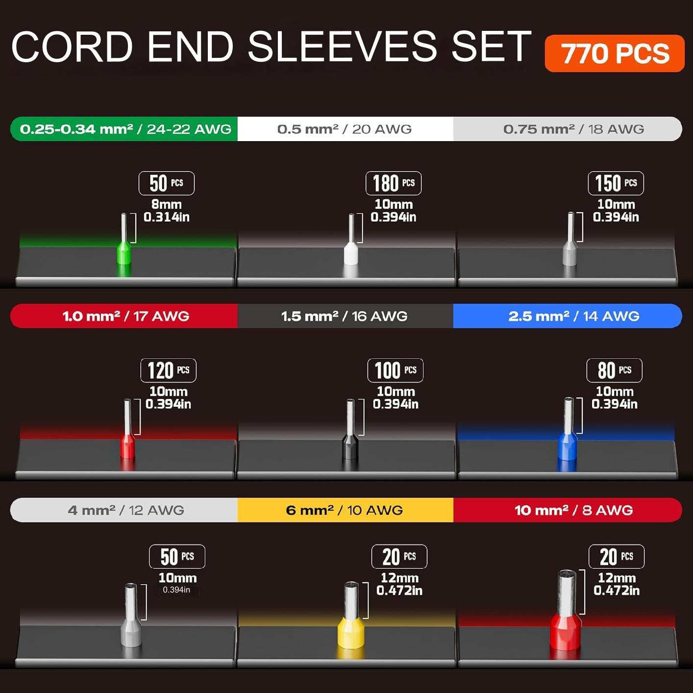 Set cleste sertizare pini conectori cu 770 terminale conductori 0,25-10 mm², 9 de tipuri, profesional, cu cutie de depozitare si transport