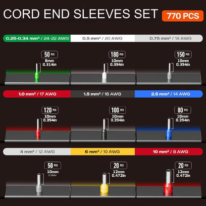 Set cleste sertizare pini conectori cu 770 terminale conductori 0,25-10 mm², 9 de tipuri, profesional, cu cutie de depozitare si transport