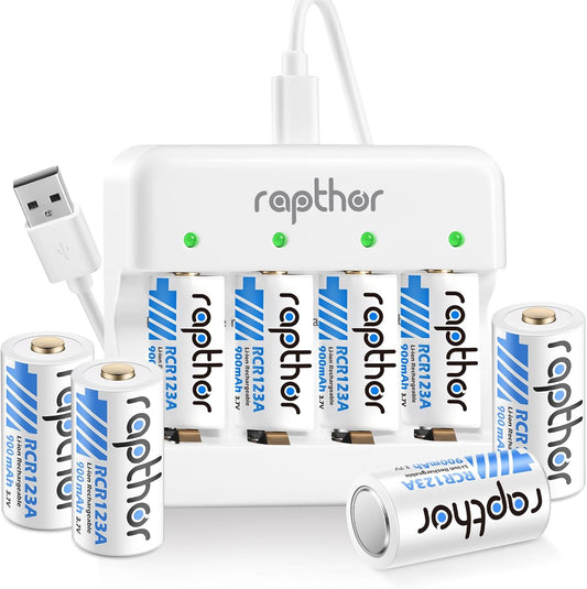 Set 8 acumulatori Raptor CR123A reincarcabili Li-Ion 3.7V 900mAh + incarcator LED, compatibili Arlo VMC3030, VMK3200, VMS3330, VMS3430, VMS3530, protectie la supraincarcare, 550 cicluri