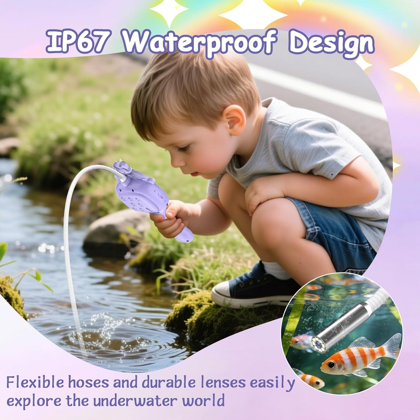 Camera endoscopica pentru copii 1080P cu ecran de 2.4 inch, LED reglabil, IP67 impermeabila, cablu flexibil 1m, zoom 3X, USB-C, jucarie STEM educativa pentru explorare natura, violet
