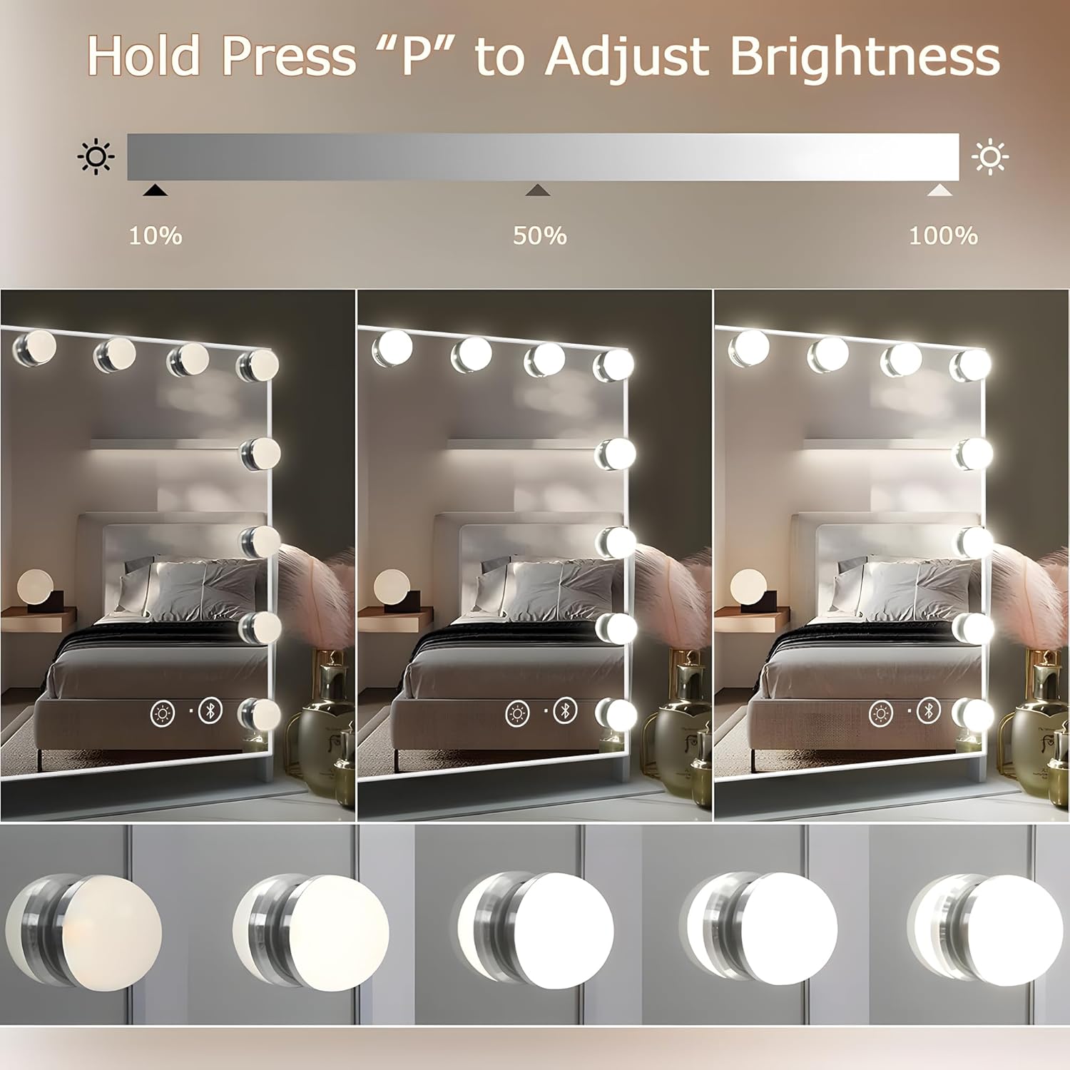Oglinda cosmetica cu difuzor Bluetooth, oglinda machiaj cu lumini LED dimabile, temperatura reglabila rece-naturala-calda, butoane cu touch si port USB, rotativa 360°, alba