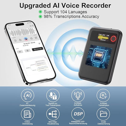 Reportofon cu traducator cu Chat GPT, inteligenta AI, 64 GB, 104 limbi, accepta rezumat, Bluetooth, prin aplicatie, microfon incorporat, sunet stereo, reducere a zgomotului, compatibil Android, iOS, Mac, Windows