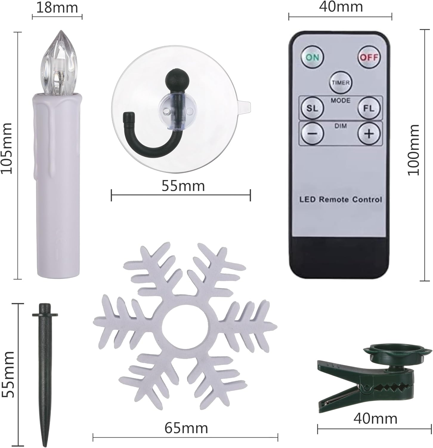 Set 40 lumanari LED cu telecomanda, impermeabile IP64, dimabile cu 5 niveluri si 3 moduri luminozitate, functie de temporizator, cu prindere tip clema, tarus, ventuza sau suport, baterii, pentru Halloween, Craciun, nunta, petrecere, decoratiuni de gradina