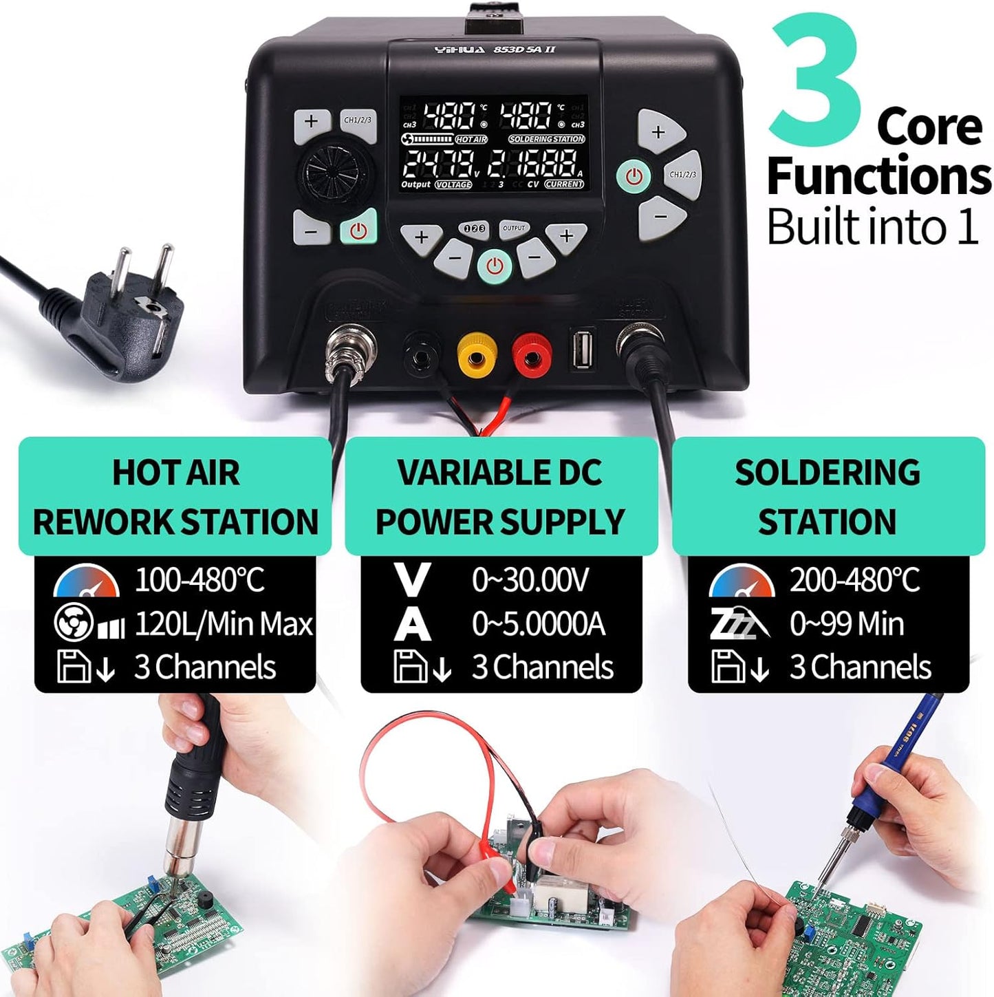 Statie de lipit si dezlipit 3 in 1 cu sursa de laborator reglabila 0-30V 0-5A, cu afisaj LCD, letcon, aer cald, temperatura reglabila, port USB, 3 canale memorie, multifunctionala