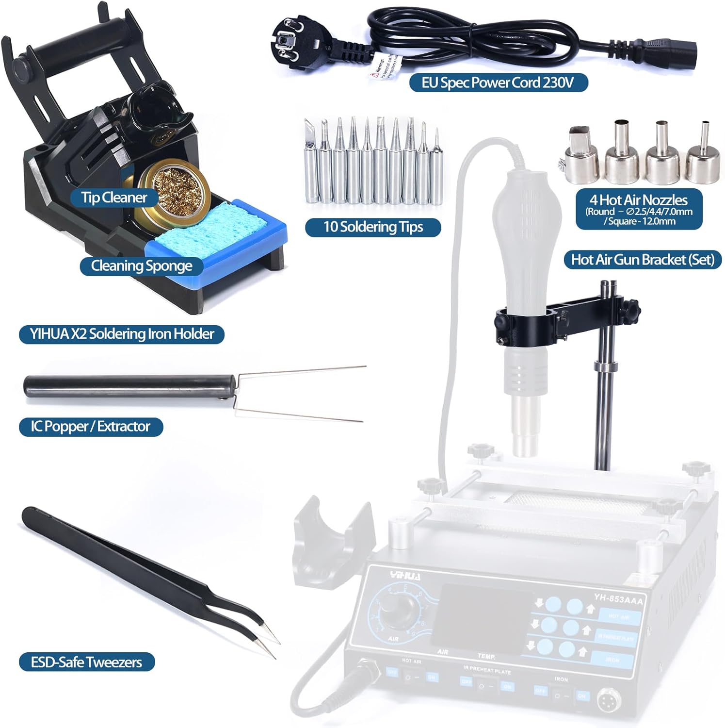 Statie de lipit si dezlipit 3 in 1 cu letcon, aer cald si preincalzire, 1200W, cu 10 varfuri de letcon 4 duze de aer cald, penseta, suport, extractor IC, YIHUA 853AAA